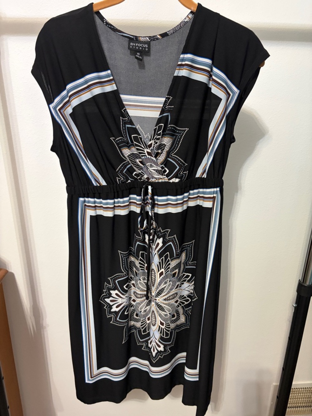 Enfocus Studio Black Midi Dress with Blue and Cream Floral Motif